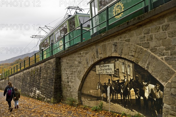 Drachenfels railway with old photo on the Eselsweg, the ascent to Drachenfels, Königswinter,