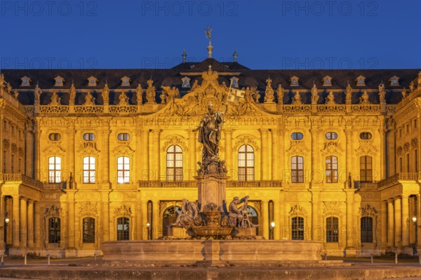 Frankonia Fountain in front of the Würzburg Residence at dusk, Würzburg, Bavaria, Germany, Europe