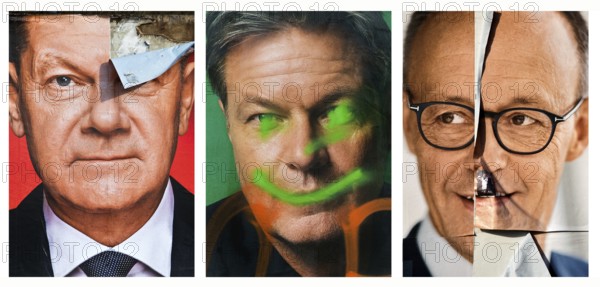 Torn and graffitied large posters for the 2025 federal election with Olaf Scholz, Sahra Wagenknecht