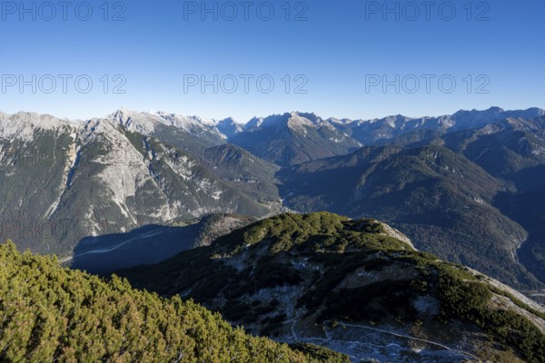 View at the summit of the Große Arnspitze, mountain panorama with Karwendel Mountains and
