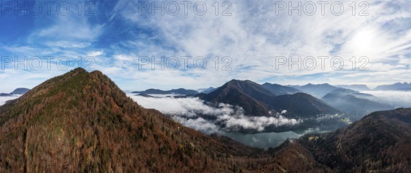 Drone shot, autumn forest and sea of fog around the Schwarzenberg, Wiestalstausee, Osterhorngruppe,