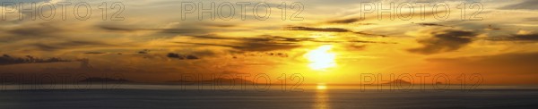 Panorama of Sunset over Aeolian Islands from Nicotera, Aeolus, Sicily, Tyrrhenian Sea, Italy,