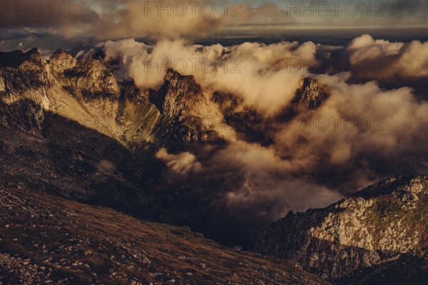 Sunrise hike on the Hochplatte in the Ammergau Alps, Ammergebirge in the Allgäu, Bavaria, Germany,