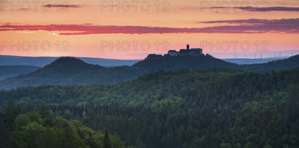 View from the Rennsteig to the Wartburg, sunrise, dawn, Thuringian Forest, Eisenach, Thuringia,