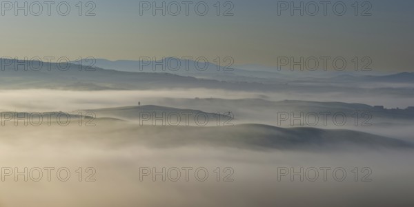 Landscape at sunrise around Volterra, Province of Pisa, Tuscany, Italy, Europe