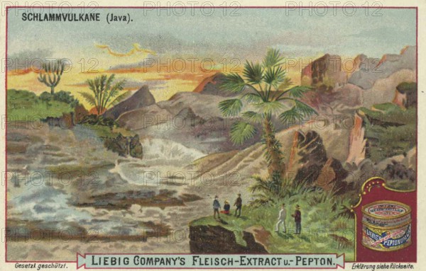 Picture series volcanic landscapes, mud volcanoes on Java, Liebig picture, digitally restored