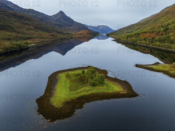 Fjord, coast, mountain landscape, reflection, island, autumn, aerial view, Loch Leven, Scotland,