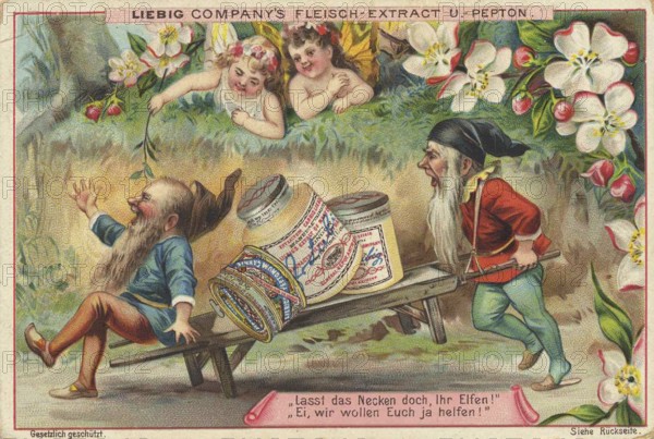 Picture series Elves and gnomes, the dwarves transport Liebig glasses on a cart, Liebig picture,