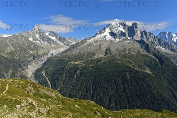 Alpine panorama of the French Alps, from left to right: summits Aiguille du Chardonnet and Aiguille