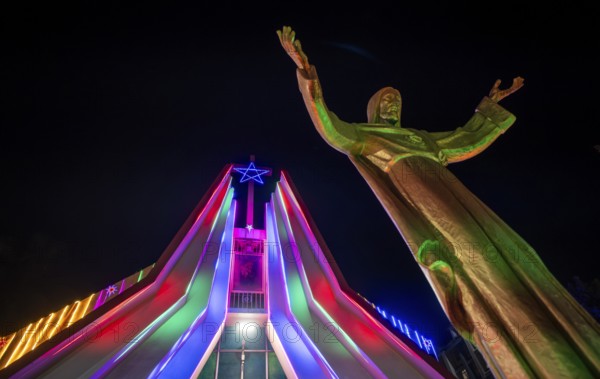 A Church decorated with illuminated lights on the Christmas eve, at a Church on December 24, 2023