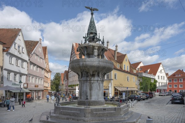War fountain, in memory of the French campaign 1870-1871, Marktpülatz, Nördlingen, Bavaria,