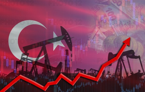 Oil production with Turkey flag, petrol industry. Oil pumps with Turkey flag