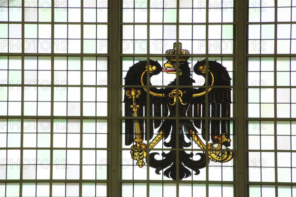 Stained glass window with German imperial eagle, national coat of arms, crown, black,