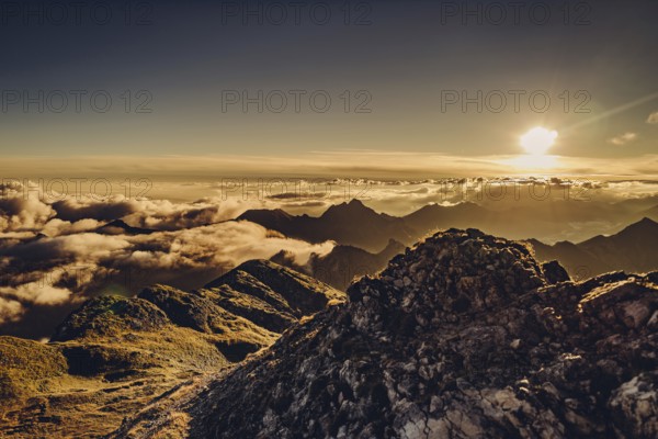 Sunrise hike on the Hochplatte in the Ammergau Alps, Ammergebirge in the Allgäu, Bavaria, Germany,