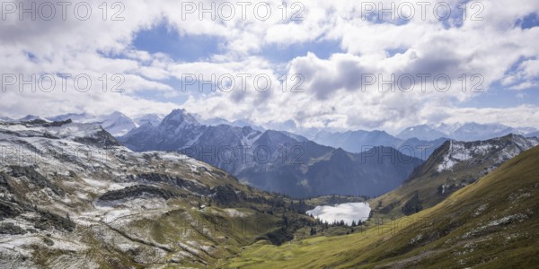 Panorama from Zeigersattel to Seealpsee, in the back left Höfats 2259m, Allgäu Alps, Allgäu,