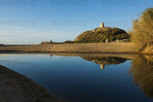 Sandy beach beach and blue sea, sunrise, Spiaggia di Su Portu, Torre di Chia, Chia, south coast,