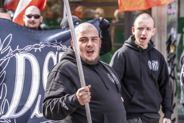 The neo-Nazi group Jung und Stark, JS, demonstrates in the city centre of Essen, demanding the