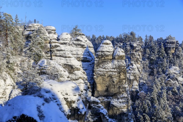 View of snow-covered rocks and trees from the Bastei bridge into the Wehlgrund, on the left in the