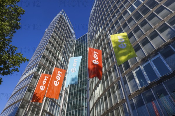 Essen, North Rhine-Westphalia, Germany, E.ON headquarters. e.on company logos on flags in front of