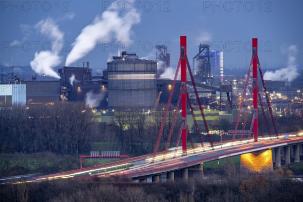 Thyssenkrupp Steel steelworks, blast furnaces 8 and 9, gasometer, motorway bridge of the A42 over