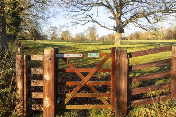 Access to countryside, Private No Public Right of Way sign on gate to field, Sutton, Suffolk,