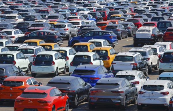 Duisburg, North Rhine-Westphalia, Germany - New cars, transhipment centre, car terminal in Duisburg