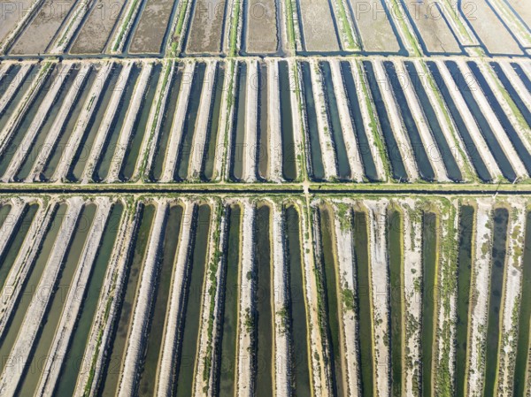 Saline ponds at the salt works of Isla Cristina. Aerial view. Drone shot. Huelva province,