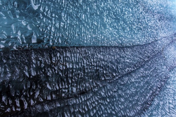 Mýrdalsjökull glacier with layers of black volcanic ash, ice cap on the top of the active Katla
