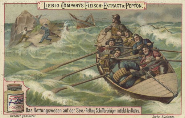 Picture series The rescue system at sea, Rescue of shipwrecked persons by boat, Liebig picture,