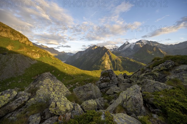 Mountain landscape at sunset at the Cabane de Louvie, summit Grand Combin de Grafeneire, Fionnay,
