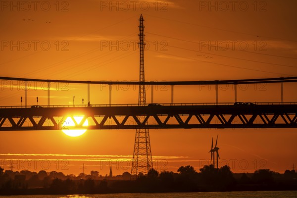Traffic on the Rhine bridge Emmerich, federal road B220, evening light, with 803 m the longest