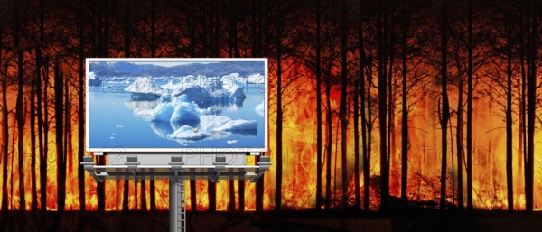 Symbolic image, forest fire, billboard with icebergs and polar bear, threat to paradise, water