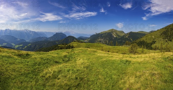 At the summit of Alpbichl with a view of the Schwarzer Berg and Seewaldsee, Osterhorngruppe,