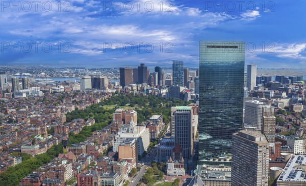 Panoramic aerial view of Boston financial district, historic center, Beacon Hill and Charles River