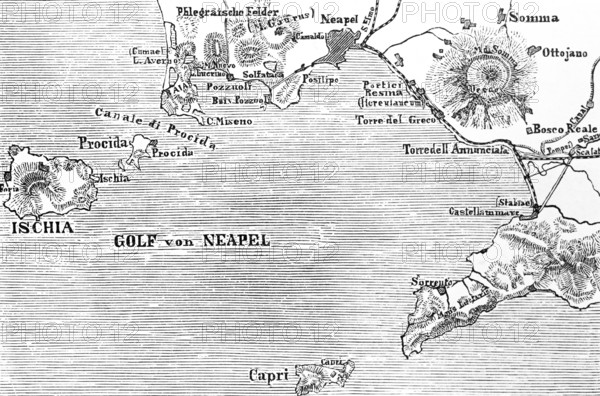 Topographic map of the Gulf of Naples with Vesuvius, islands of Capri and Ischia, geography, Italy,