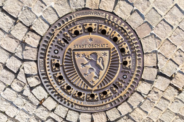 Manhole cover with the coat of arms of the town of Oschatz, Saxony, Germany, Europe