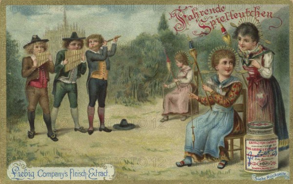Picture series Children as travelling minstrels, Liebig picture, digitally restored reproduction of
