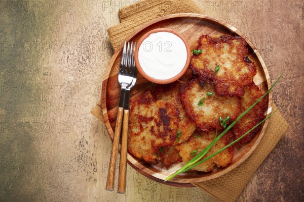 Potato pancakes, pancakes with sour cream, Belarusian dish, homemade, no people