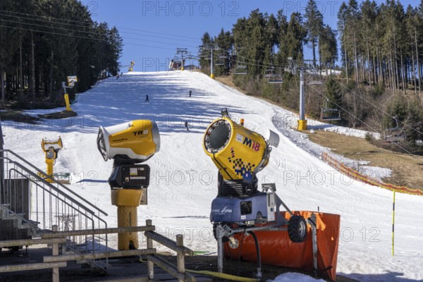 Winter sports area in the Sauerland, Winterberg ski lift carousel, artificial snow slopes,