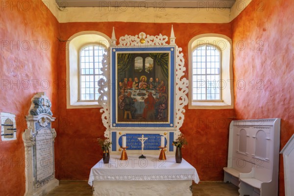Altar with communion painting in the medieval fieldstone church of Zeuden, Fläming, Brandenburg,