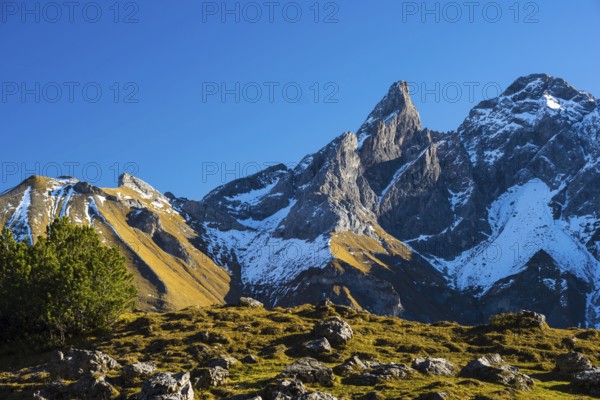 Panorama of Lake Gugger See, central main ridge of the Allgäu Alps, Allgäu, Bavaria, Germany,