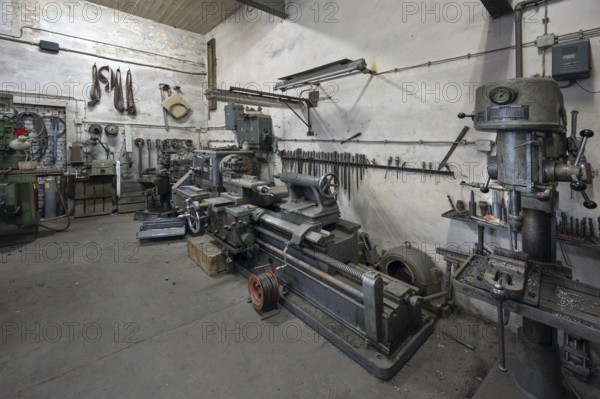 Workshop with large lathe in a metal powder mill, founded in 1900, Igensdorf, Upper Franconia,