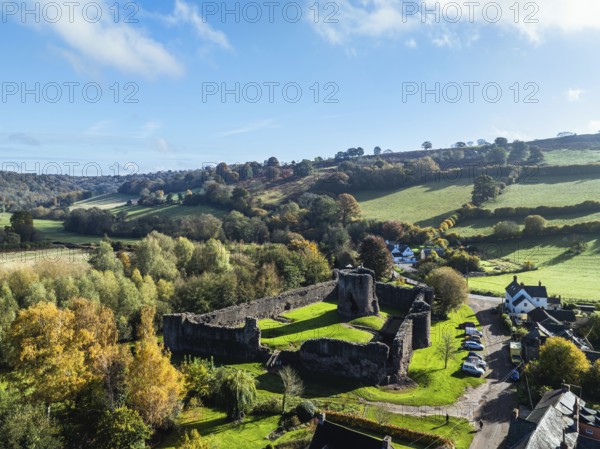 Skenfrith Castle from a drone, Monmouthshire, Wales, England, United Kingdom, Europe