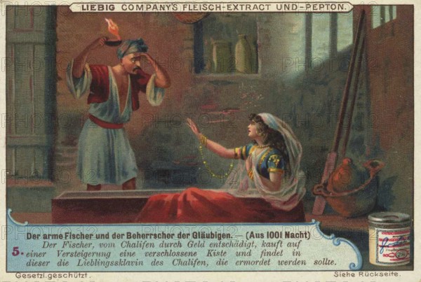 Picture series Fairytale scenes from 1001 Nights, the poor fisherman and the ruler of the