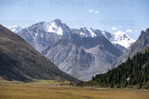 Picturesque mountain valley, mountain landscape with white mountain peaks, Tian Shan Mountains,