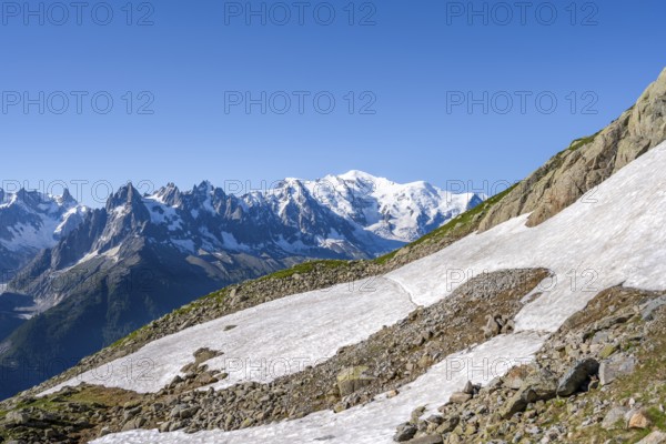 Snow fields and hiking trail in front of mountain panorama, view of glaciated mountain peak Mont