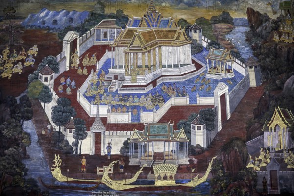 Mural painting in Wat Phra Kaew, Temple of the Emerald Buddha, Bangkok, Thailand, Asia