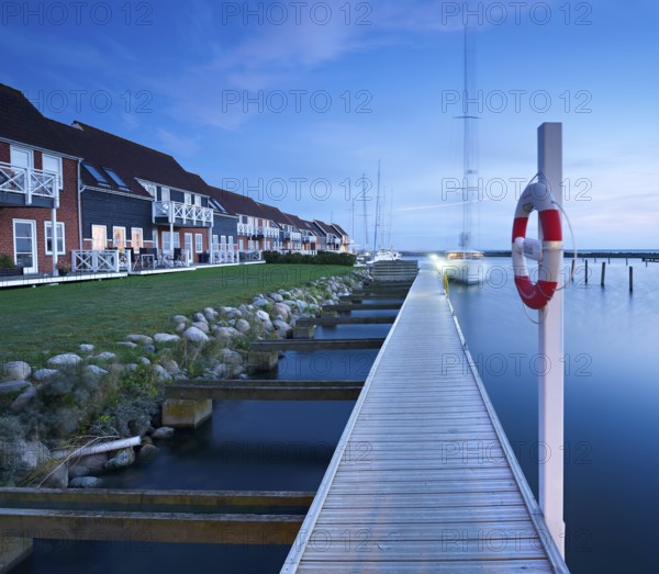 Klintholm Havn, jetty, sailing yachts and holiday homes in the harbour, night shot, Møn Island,