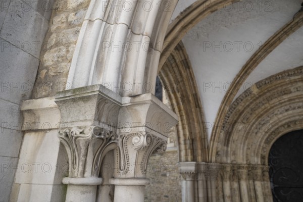 Entrance decorated with magnificent stone carvings to the medieval Temple Church, Anglican church