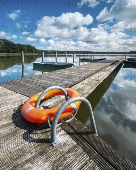 Jetty with rowing boats at Moderfitzsee under a blue sky with cumulus clouds in summer, in front a